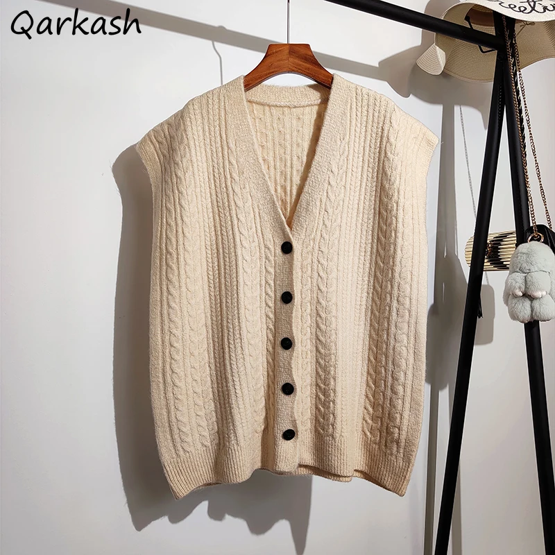 

Женский однотонный вязаный жилет, однобортный свободный свитер без рукавов в Корейском стиле, простая уличная одежда для отдыха, весна-осен...