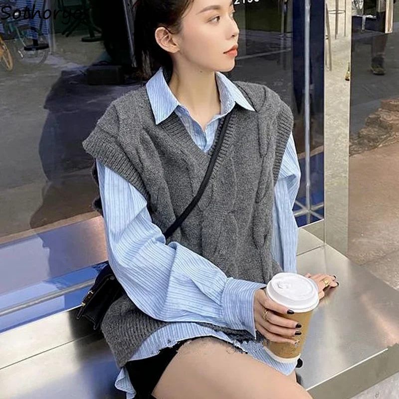 

Women Sweater Vests Solid V-neck Twist Knitting Classic College All-match Students Gentle Streetwear Loose Casual Fashion Retro