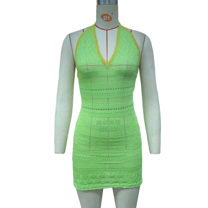

Women Halter Dress Knitting Sleeveless Bandage Backless Dress 2021 Summer Bodycon Womens Clothing Sexy Dresses Party Night Club