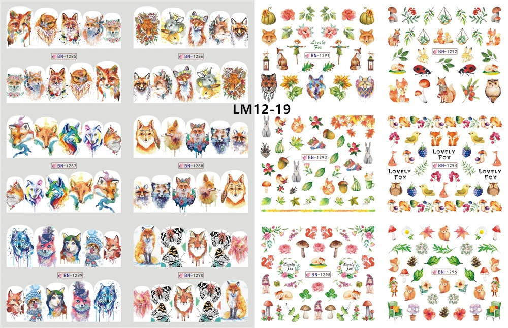 LM12-19 12 Designs Watermark Nail Art Decoration Water Decals Flower Flamingo Bird Rose Sticker Manicure Sliders Adhesive Tip BN913-924 - Color: LM12-19