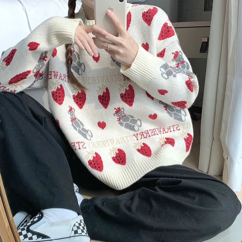 

Sweet Strawberry Sweater Women Winter Ugly Christmas Knitted Sweater Female Casual Korean Japnese Kawaii Pullover Sweater Women