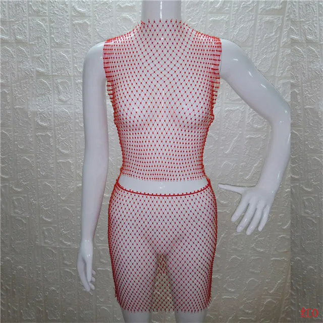 Red O-neck Блестящие Кристальные Стразы, женская одежда, сетчатые Прозрачные топы, клетчатые сексуальные мини юбки, летний комплект из 2 предметов, Клубные, трендовые - Цвет: Red O-neck