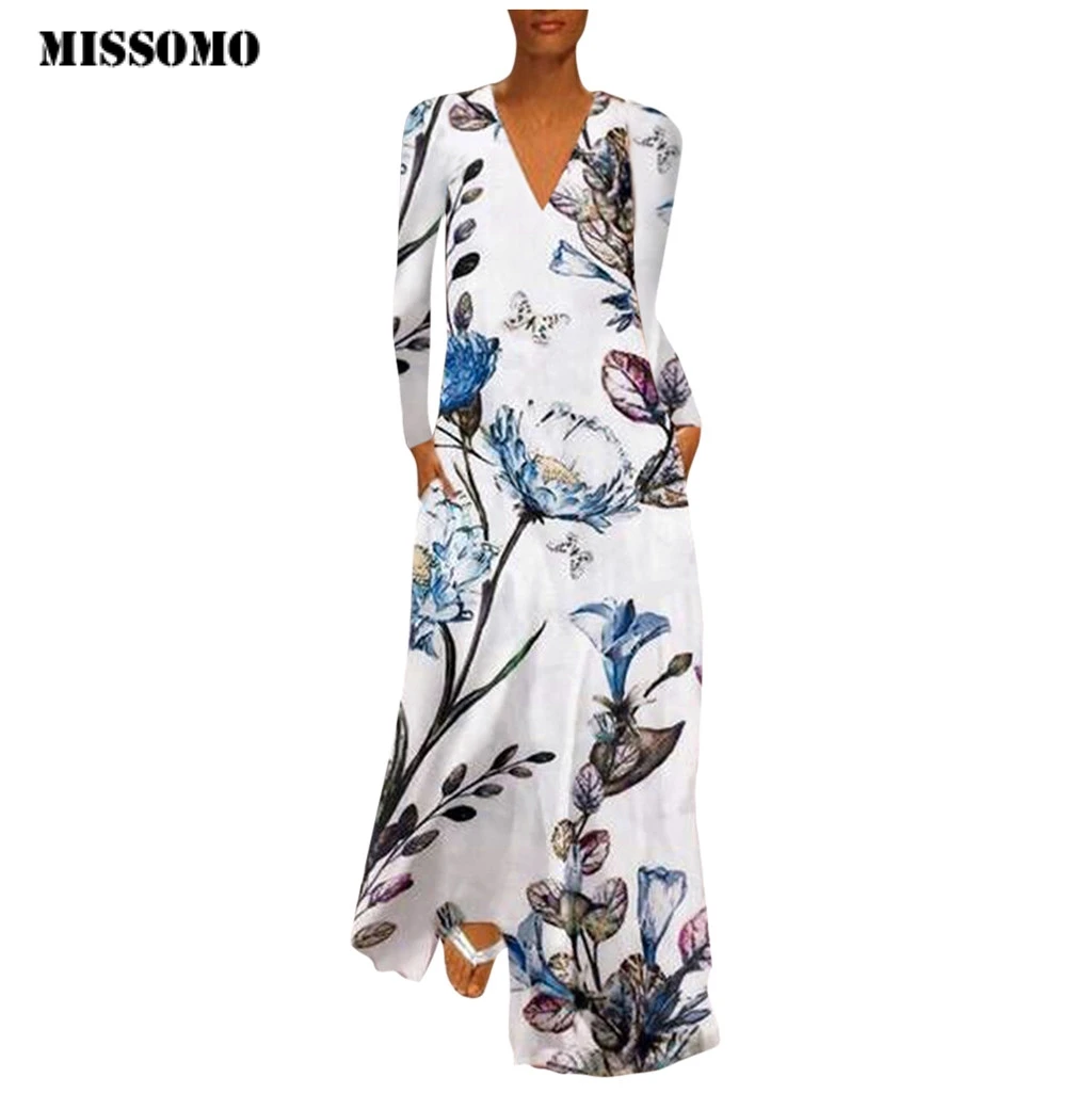 Платье макси летнее с длинным рукавом и V образным вырезом|Женские платья| |