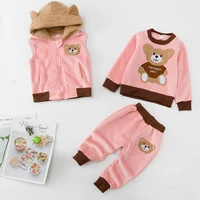 2021 autumn winter boys girls fashion cartoon bear hooded warm vesttrousers 3pcs baby girls clothes set toddler boys tracksuits