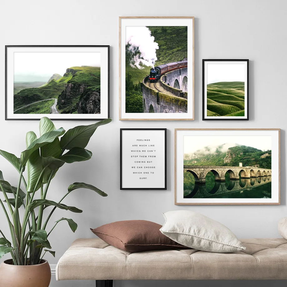 

Road Grassland Mountain Train Bridge Green Nature Art Canvas Painting Nordic Posters And Prints Wall Pictures For Living Decor