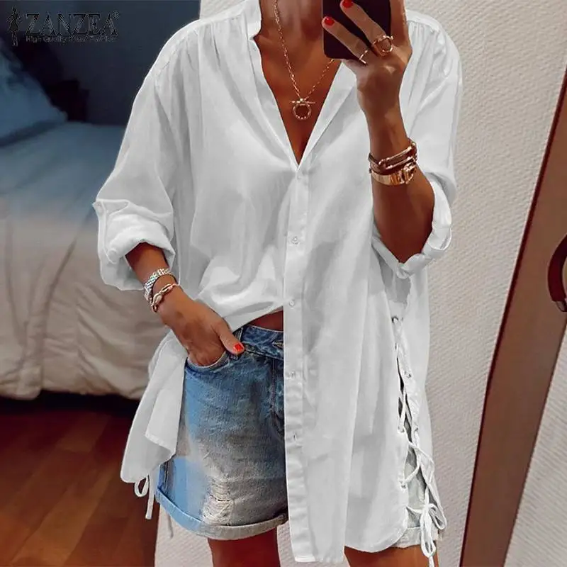 

Модные рубашки ZANZEA на пуговицах, Женская Весенняя длинная рубашка с длинным рукавом и боковой шнуровкой, Женская Повседневная Однотонная р...