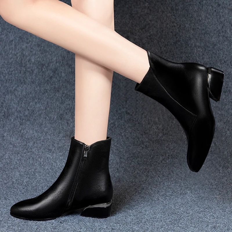 

Winter Women Ankle Boots Black Office Lady Shoes Pointed Mid Heels Booties Plush Warm botas mujer Autumn Spring 8746C