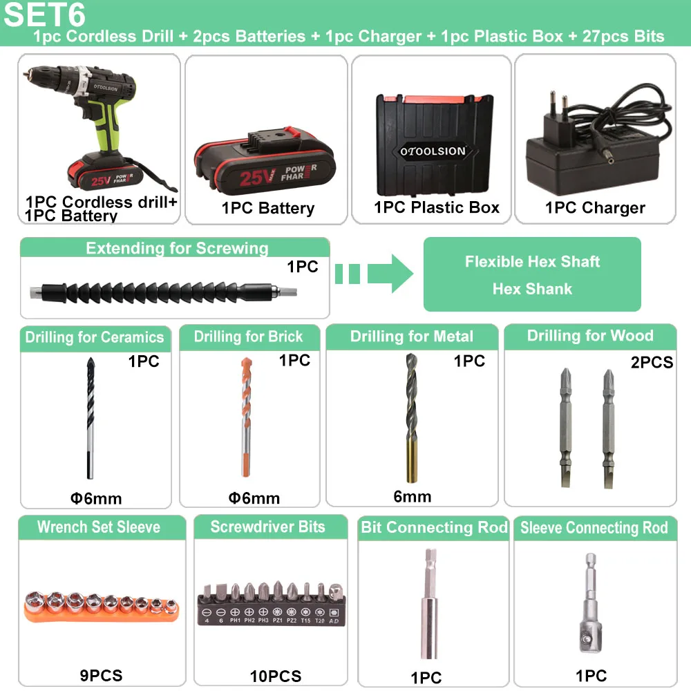 SET6 (2 pc battery) 25V 48N.m Impact Battery Drill Cordless Screwdriver Power Tools Impact Electric Screwdriver Electric Impact Drills+27 Pcs Parts - Цвет: SET6 (2 pc battery)