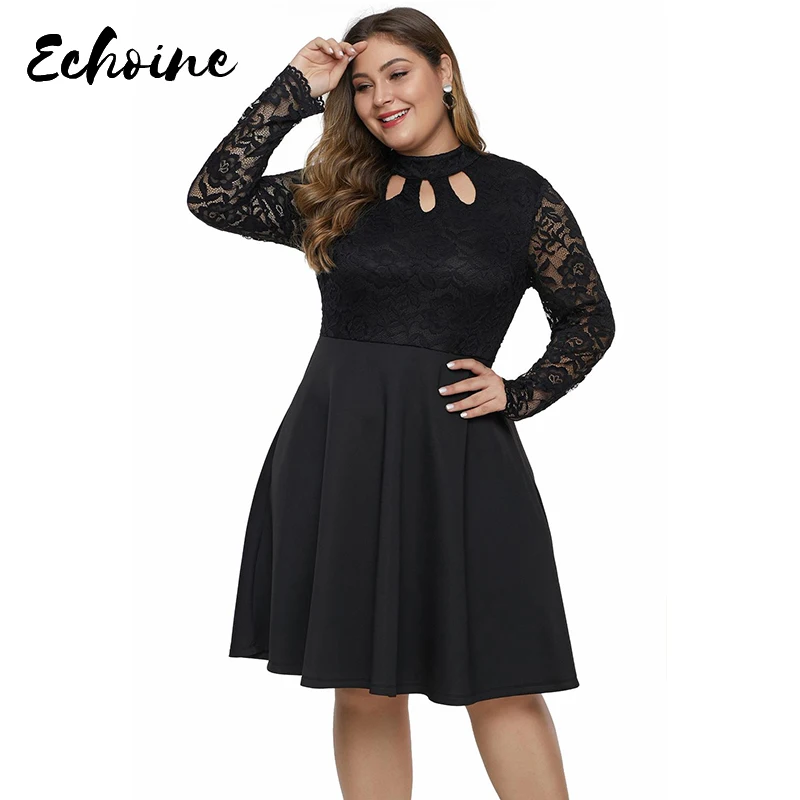 Черное Кружевное Бюстье с вырезом под ключ женское платье высоким воротником