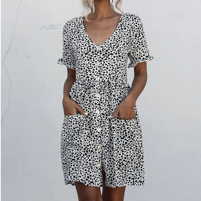 

2021 Summer Women Sexy Short Sleeves Polka Dot Printed Dress Boho Buttons Elegant Mini Dresses Casual Loose Soft Femme Vestidos
