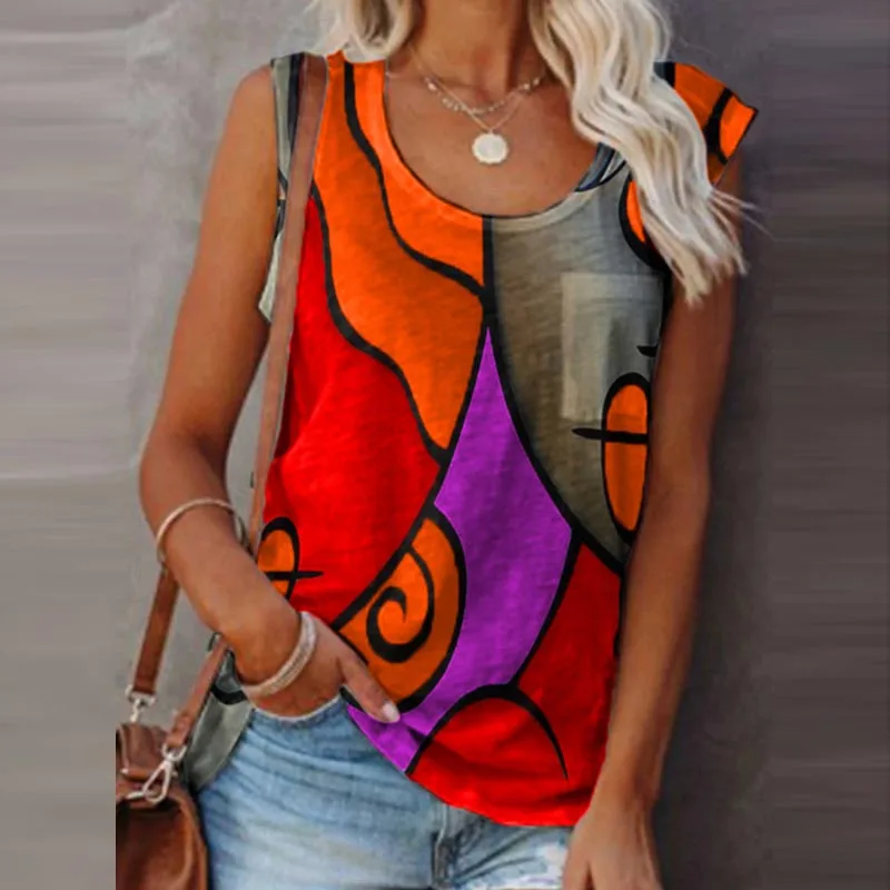 

2021 Summer Fashion Colorful Print Shirt Women Shirts Elegant O-Neck Sleeveless Patchwork Tops Female Casual Loose Blusa 5XL