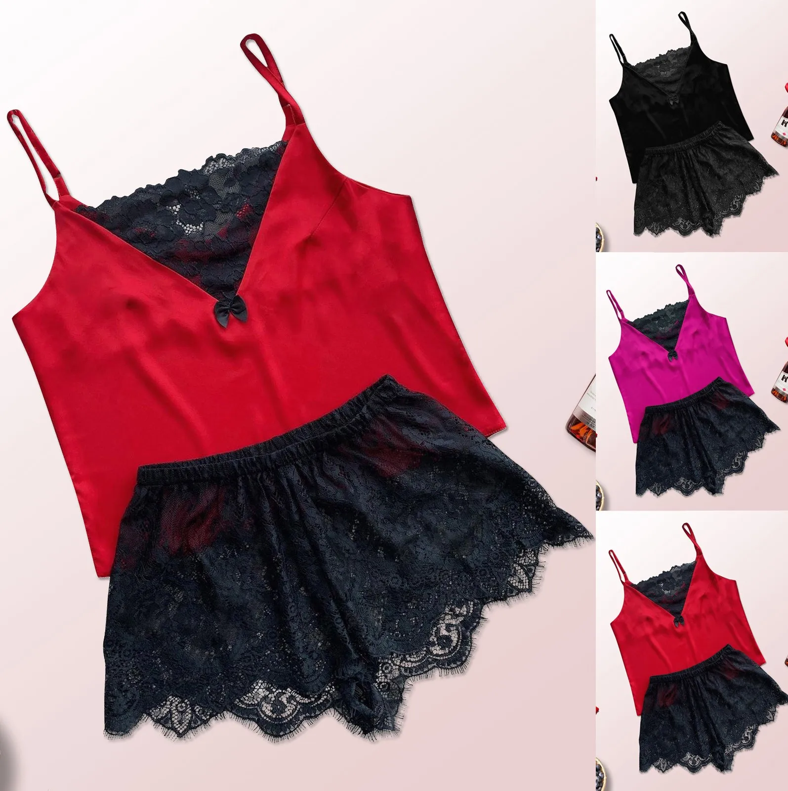 

Women's Underwear Satin Pyjama Pour Femme Lace Pajamas V-neck Camisole Bowknot Shorts Set Pijama Mujer Sleepwear Top Pajama Sets