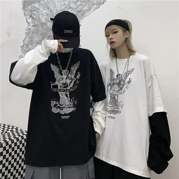 

2021 Spring and Autumn Harajuku T-shirt Women Patchwork Print Gothic Loose Long Sleeve T-shirt Women Hanbok Casual All-match