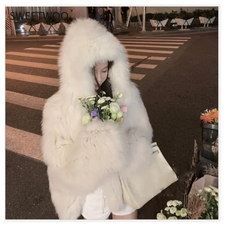 Autumn and Winter Imitation Fox Fur Coat Women's Winter Loose Mid Length Hooded New One-Piece Plush Thickened Jacket Casual Warm