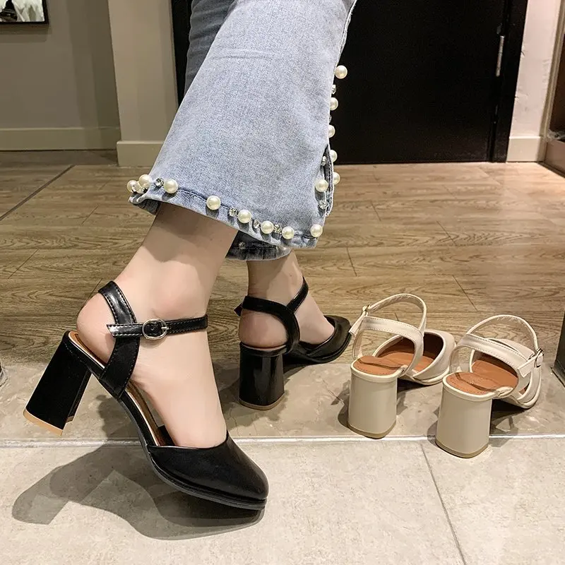 

Female Sandal Buckle 2021 Women's Square Toe Block Heels Ladies Shoes Summer All-Match Girls New Chunky Comfort Strap Clear High