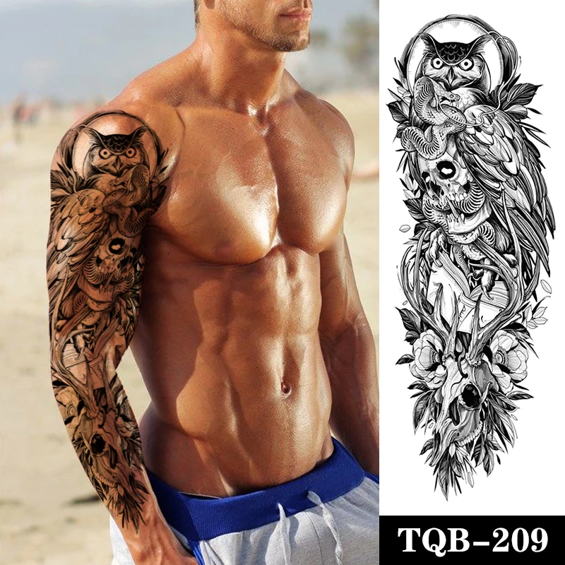 

Large Arm Sleeve Tattoo Owl Snake Moon Waterproof Temporary Fake Tatoo Sticker Skull Wings Deer Men Women Full Totem Tatto
