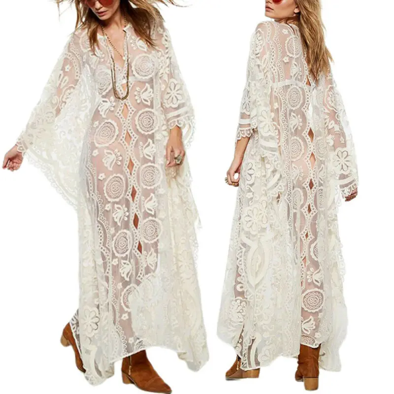 

Women Sexy Lace Loose Baggy Dress Summer Beach Hollow Out Beachwear Dresses