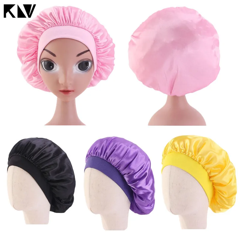 

KLV Kids New sleeping cap Faux Silky Bonnet Cap Solid Color Turban Chemo Hat girl's Wide Elastic Band Solid Baby Night Sleep Cap