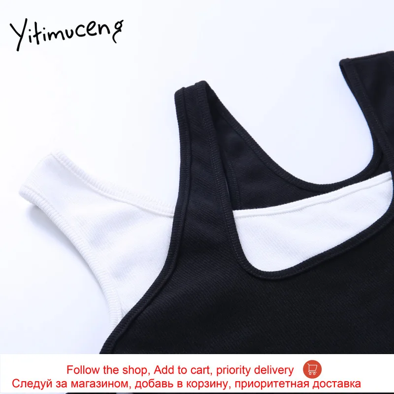 

Yitimuceng Irregular Woman Tshirts Contrast Color Black Long Sleeve Spring Autumn 2021 O-Neck Spliced Sexy Solid Crop Tops New