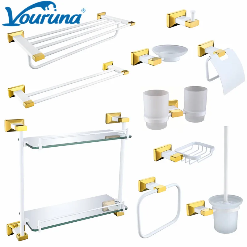 

VOURUNA Golden&White Bath Hardware Set 304SUS Stainless Steel Bathroom Accessory Kit Toilet Paper Holder Towel Rail Basket