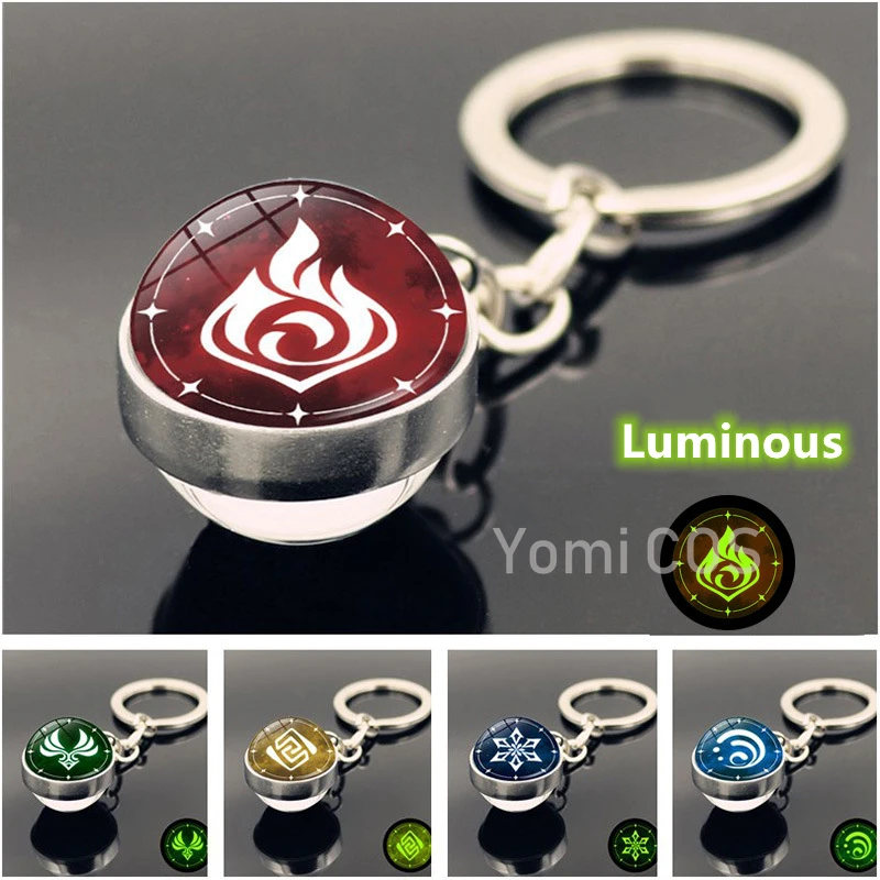 Genshin Impact Luminous Keychain Double-sided Glass Ball Eye of God Pendant Charms Jewelry Glow In The Dark Key Ring Key Chain
