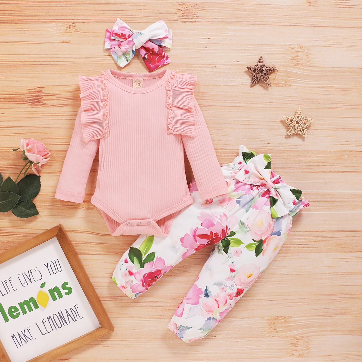

3 Pieces Baby Suit Set Solid Color Round Neck Long Sleeve Baby Romper Floral Print Trousers Headband Outfits Baby Girl Clothes
