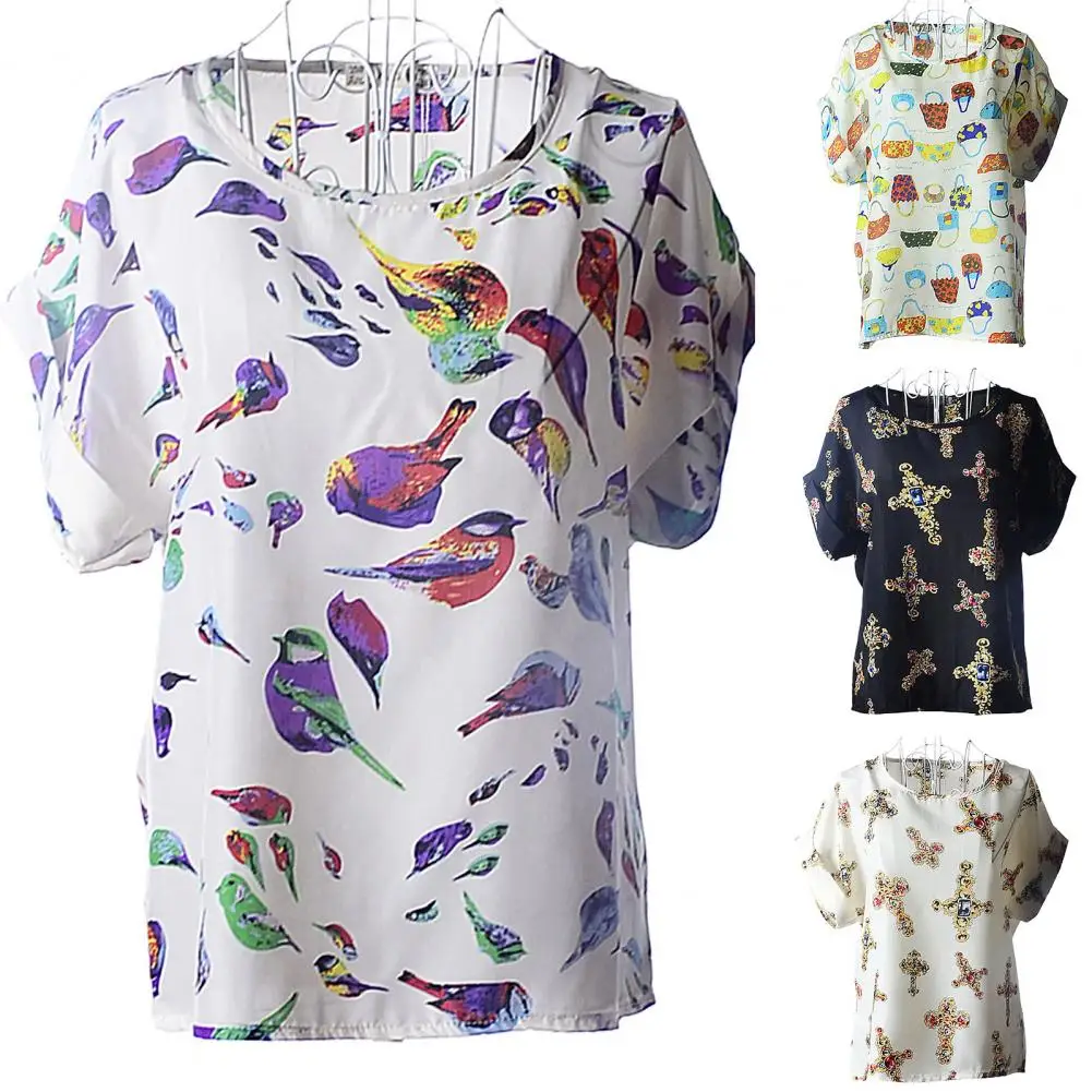 

Women Summer Bird Sword Print O Neck Short Sleeve Loose Chiffon Blouse T-shirt
