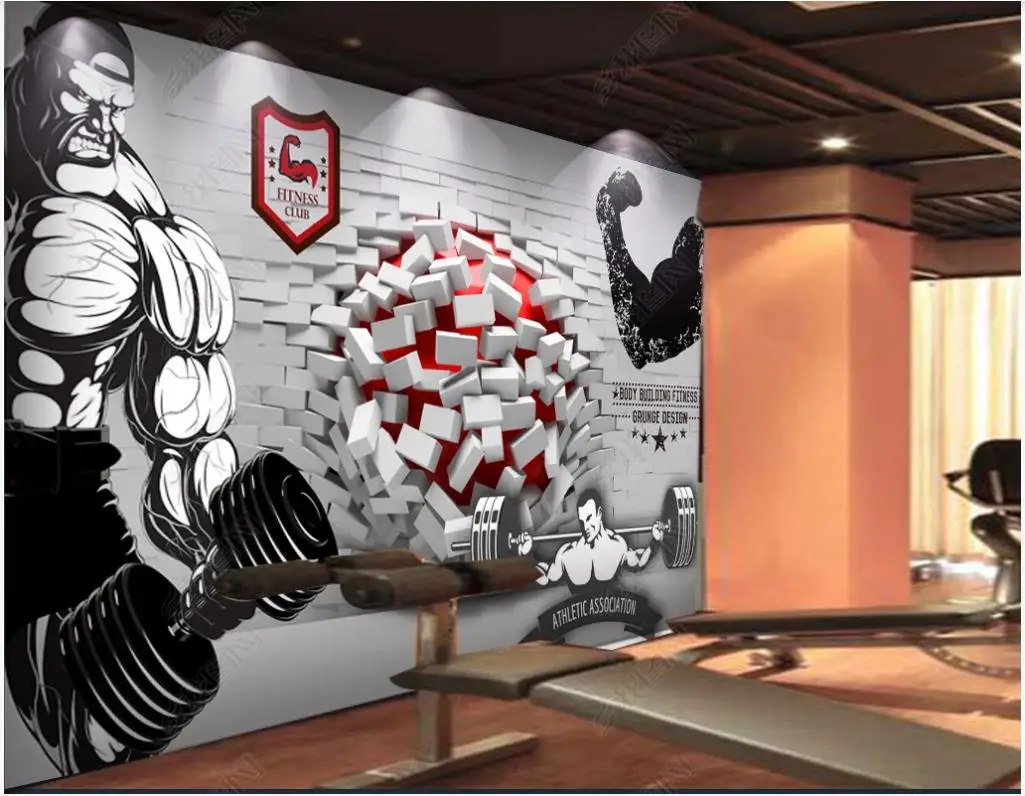

Пользовательский современный тренажерный зал стена кирпич сломается стена и входит в гимнастику тренажерный зал инструменты фон настенные бумаги домашний декор