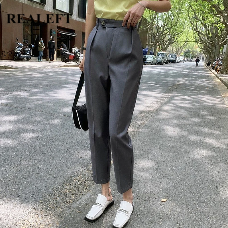 

REALEFT 2021 Summer Spring Women Suit Pants Elegant Solid Color OL Style Office Ladies High Waist Straight Harem Trousers Female