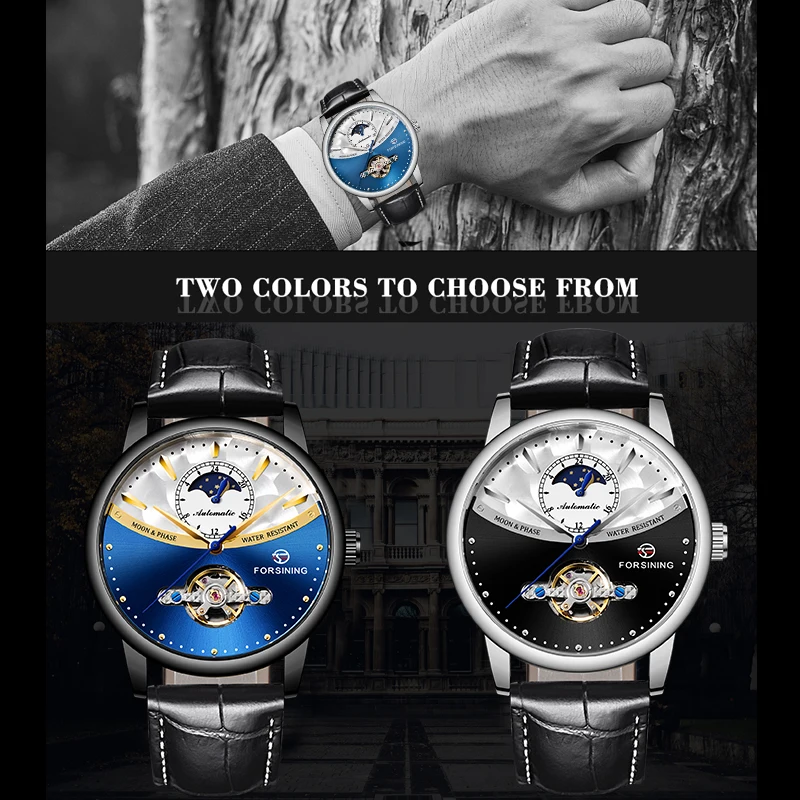 Forsining Tourbillon автоматические мужские часы Moonphase синий дизайн натуральная кожа