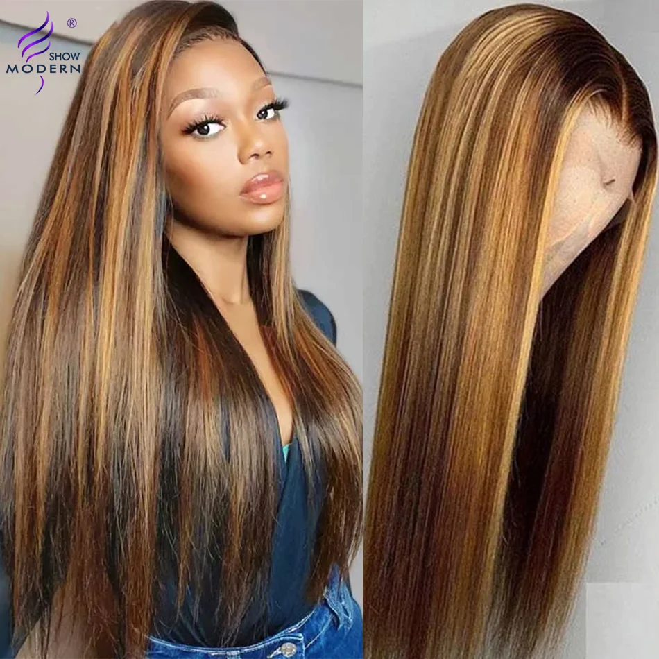 Современное шоу перуанские волосы 13х4 Выделите прямые кружевные передние парики