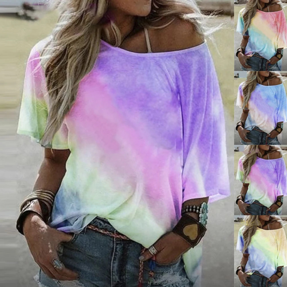 

Loose Casual Women Gradient Color Print Tshirt Short Sleeve Summer 2020 New Fashion Tie-dye Print Short T-Shirts Plus Size Shirt