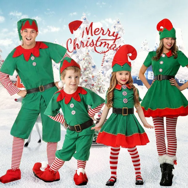 

Christmas Costumes for Boy Girls Green Elf Santa Claus Fancy Dress Stockings Shoes Family Matching Mommy Dad New Year Xmas Dress