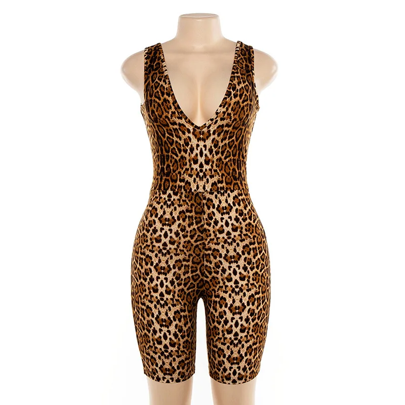

Leopard Print Jumpsuit Women Club Rompers Sleeveless V Neck Backless Bodycon Biker Playsuit Sexy Summer Outfit