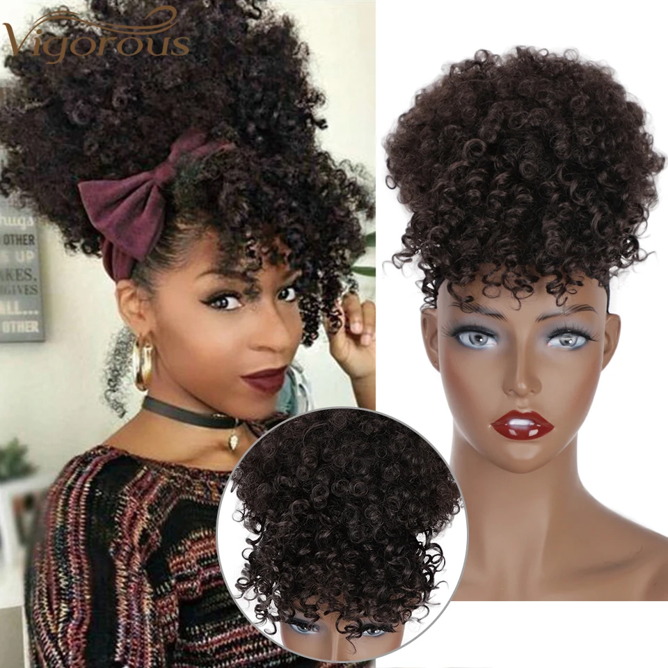 

Vigorous Short Kinky Curly Chignons With Bangs Afro High Puff Hair Bun Extensions Synthetic Hair Extensions for Women