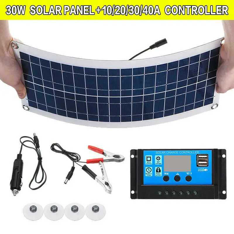 

Flexible 12V 30W Dual USB Solar Panel+ 40A Solar Charger Controller For Battery Cell Phone Charger with Battery Clip