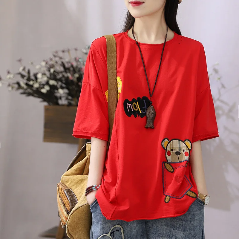 

T-Shirt Women Casual Literary Retro Embroidery Pocket Cartoon Bear Cute Girl Pullover Loose Thin Short Sleeve O-Neck Top Tees