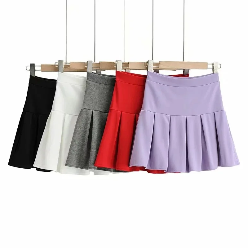 

Summer woman skirts vintage pleated skirt high waist mini skirts black solid skirts womens 2020 korean style skirt white red