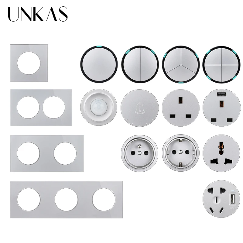 

UNKAS DIY Free Combination Grey 1 2 3 4 Gang 1 / 2 Way Click On / Off Light Switch Gray Glass EU French Socket