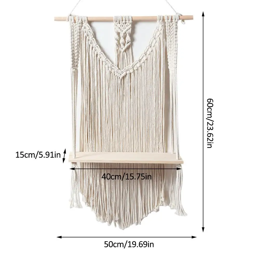 

Cilected Bohemian Wooden Handmade Macrame Rope Tapestry Hanging Wall Shelf Floating Plant Rack Macrame Stand Home Decor Ornament