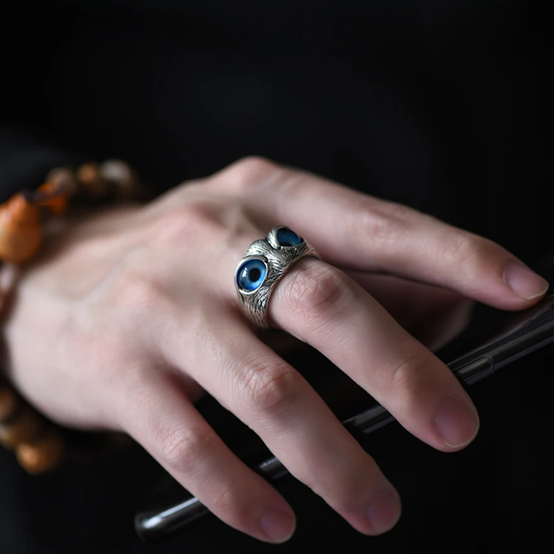 ZABRA Adjustable Owl Ring Vintage Rock 925 Sterling Silver Rings For Men Women Blue Stone Zircon Biker Jewelry Size 8-10.5 | Украшения и