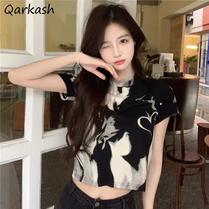 

Футболка женская с коротким рукавом, кроп-топ в стиле Харадзюку, приталенный, повседневный универсальный, шикарный, мягкий, в стиле Ins, в стил...