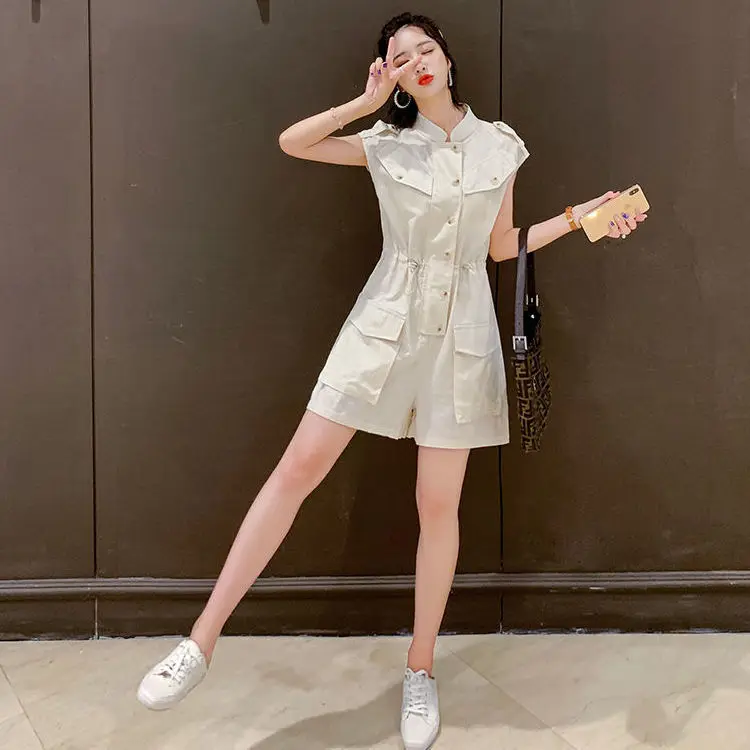 

Women 2021 Summer Short Rompers Female Casual Sleeveless Button Down Solid Jumpsuits OL Office Overalls Fashion Playsuits U168