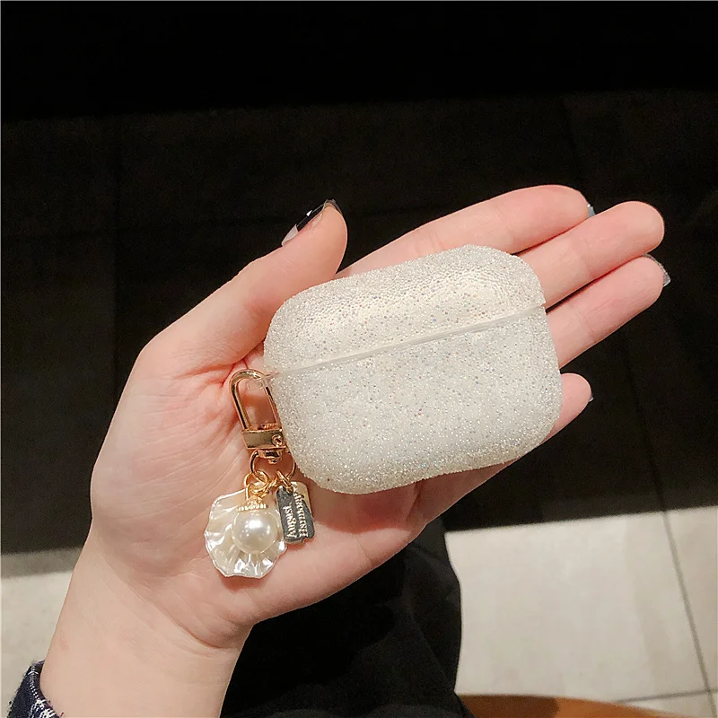 

3D case Glitter shattered crystal pearl Keychain bling Headphone Earphone case for apple airpods1 2 3 pro Wireless Headset cover