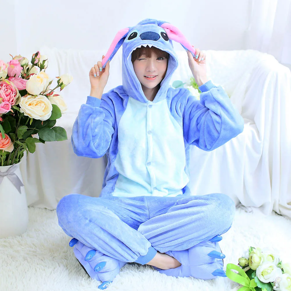 Blue Stitch Женские пижамы кигуруми в виде единорога, зимние пижамы в виде панды, фланелевые пижамы, цельный костюм для косплея - Цвет: Blue Stitch