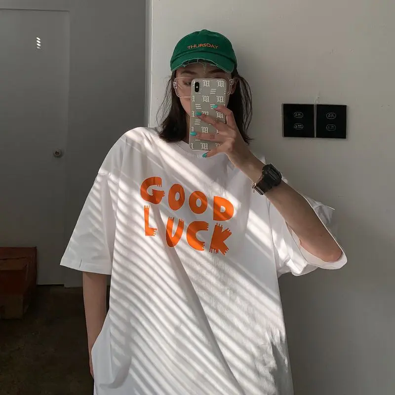 

GOOD LUCK Print Tshirt Women Spring Summer New Short Sleeve Round Neck T-shirt Women Cotton Spandex Tee shirt Femme