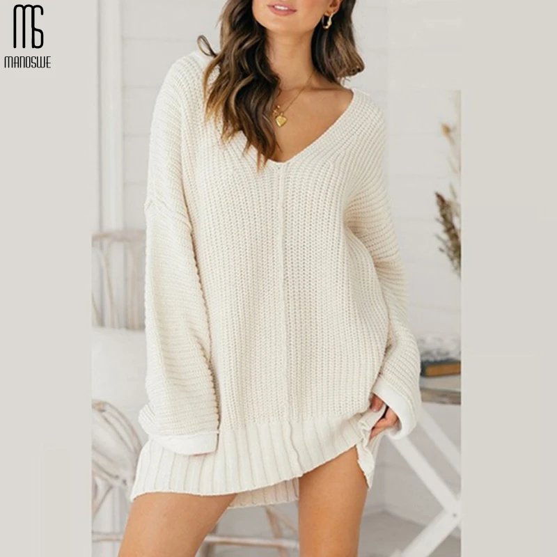 Женский вязаный пуловер Manoswe повседневный Свободный джемпер с v-образным вырезом