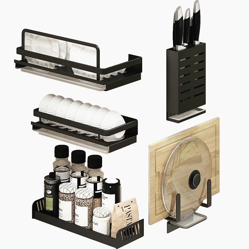 кухня Черный настенный кухонный стеллаж для хранения посуды из алюминиевого