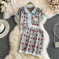 button pocket embroidery knitted 2 piece set women pullover sweater top mini skirts sets vintage elegant summer clothing suits
