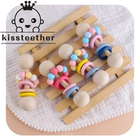 kissteether 1pcs beech wood baby rattle teether silicone beads soother teether molar toy safe musical chew montessori toys